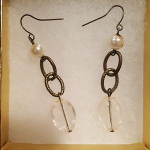 Pearl, metal, and stone earrings